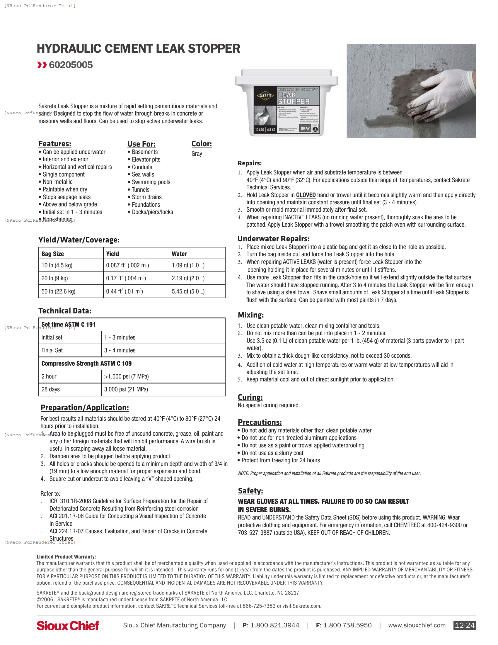 60205005 - HYDRAULIC CEMENT LEAK STOPPER - SPEC SHEET & INSTALLATION GUIDE.PDF Specification Document